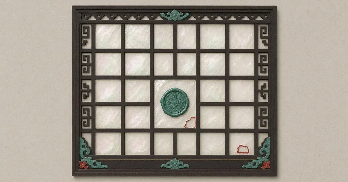 A dark lattice of shell tiles with a green wax seal on the central tile. Two small chips outlined in red mark the shell: one just below the seal, another near the lower right corner.