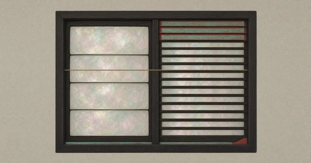 A dark window frame split in two: on the left, four large shell tiles stacked; on the right, twelve thin shell slats, the top three banded green and red. A brass line crosses both halves at the same height.