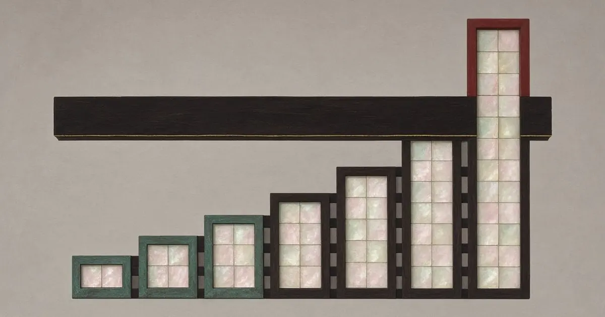 Seven framed shell columns rising from left to right beneath a dark wooden beam with a brass line along its underside. The three shortest columns are framed in green; the tallest passes through the beam, and its top above the beam is framed in red.