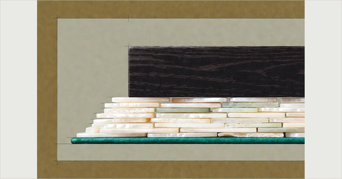 A dark wooden beam pressing down on a stack of pale shell tiles, compressing the stack to a lower height.