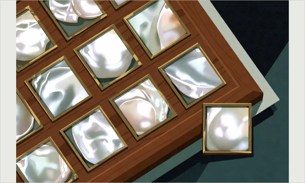 Twelve small shell tiles arranged in a wooden grid, with a thirteenth set apart at the edge, raised and edged in brass.