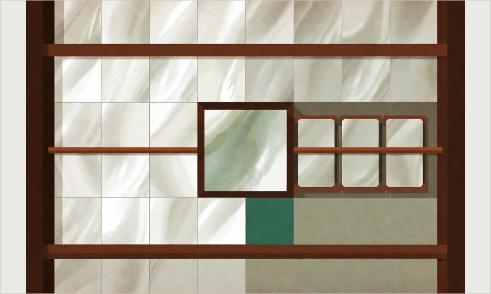 A large pale shell tile with four smaller tiles separated from it and set aside in a row, one edged in green — the deductions taken out of a whole salary.
